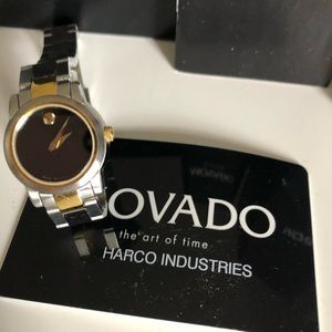 Movado classic ladies black dial watch two tone